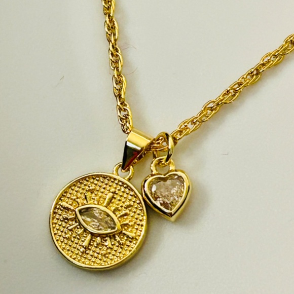 Dainty Gold plated necklace, rope chain, cz evil eye and heart charms - Picture 4 of 6